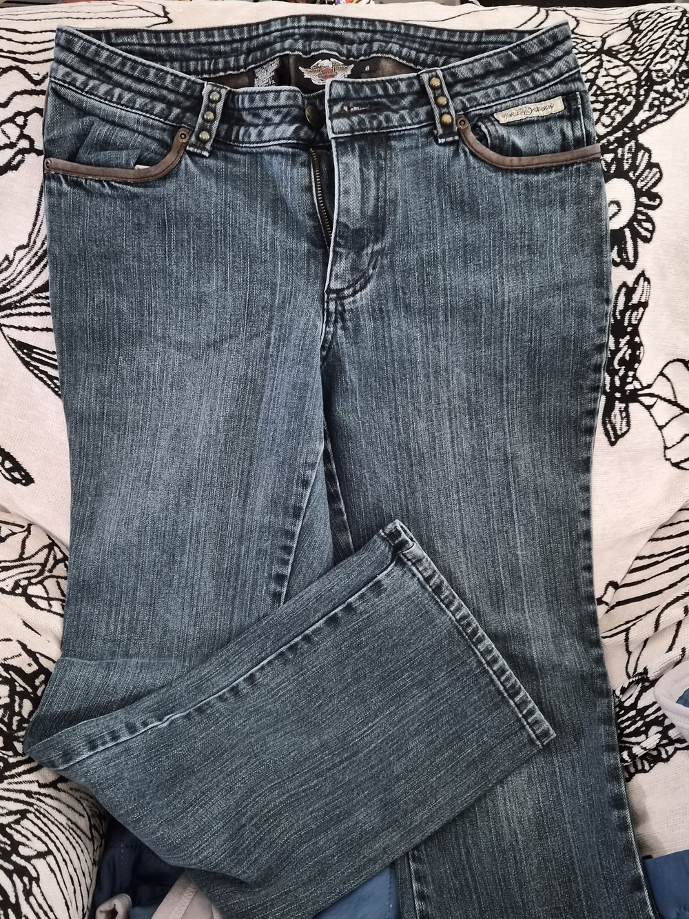VintageHarley-Davidson Women's Blue Denim Boot Cut Jeans with Brown Leather Trim